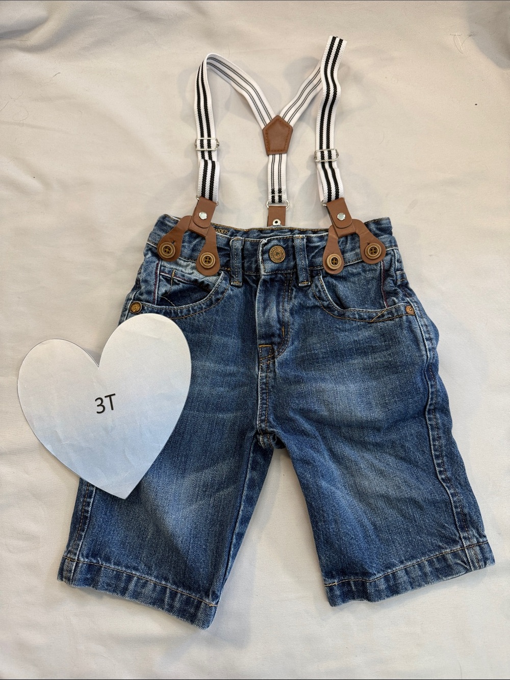 Zara Kids Denim Shorts with Black & White Striped Suspenders